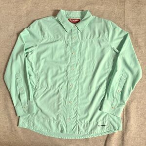 Simms Fishing Shirt Womens XL Mint Green Button Front Long Sleeve Vented Outdoor